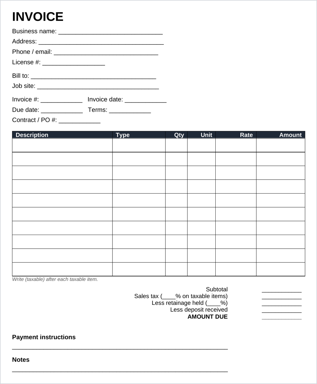 Blank printable contractor invoice template PDF with 10 line-item rows and subtotal, sales tax, retainage, deposit and amount-due lines
