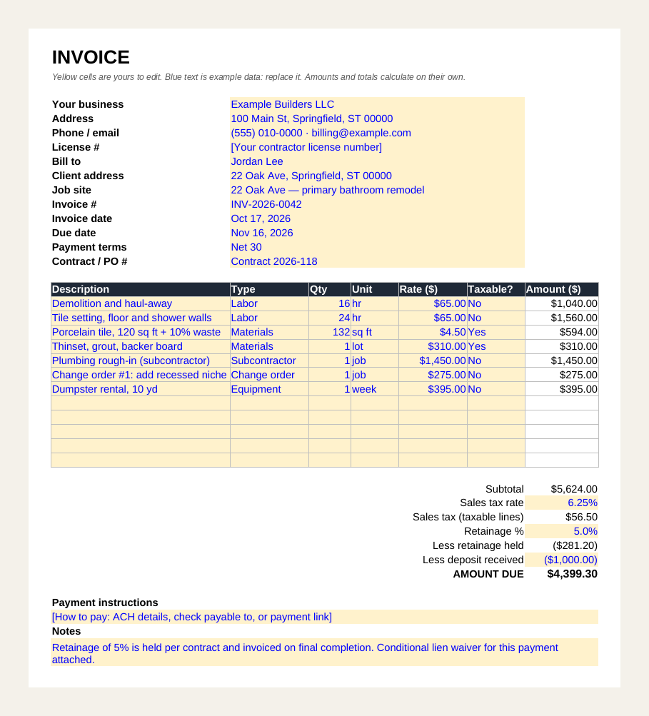 Preview of the free contractor invoice Excel template with yellow input cells for business, client and job details, a line-item table, and automatic subtotal, sales tax, retainage and amount due