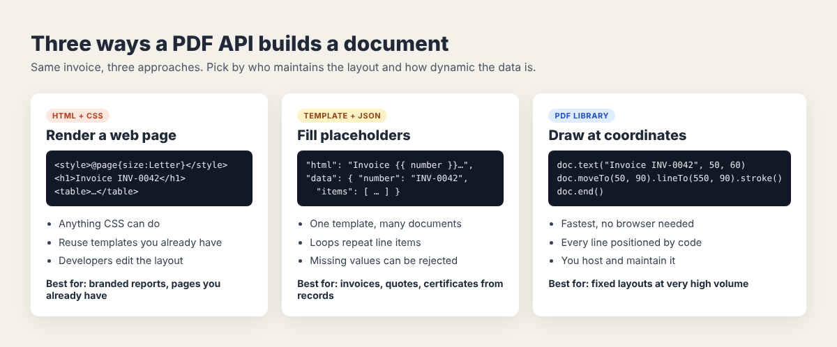 Three approaches a PDF API uses to build a document: HTML and CSS rendered as a web page, a template filled with JSON data, and a PDF library drawing at coordinates