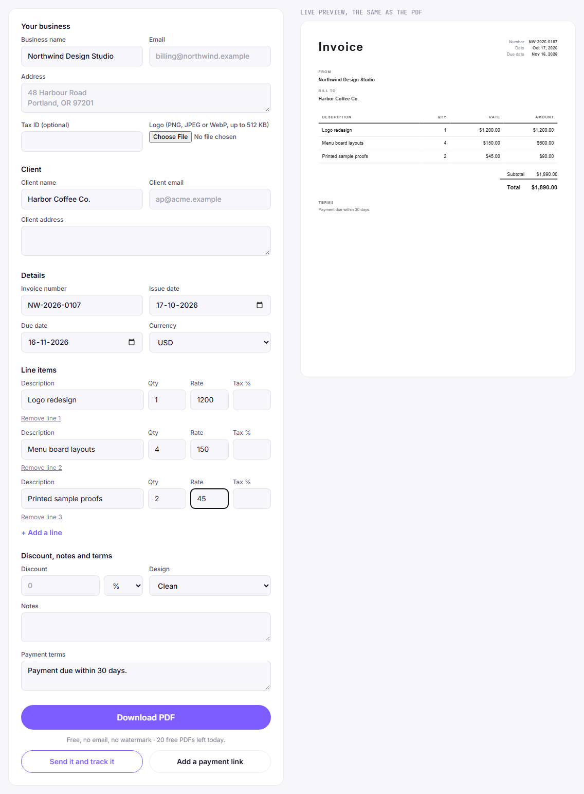 The ASHDOCS free invoice generator with the form on the left and a live invoice preview on the right