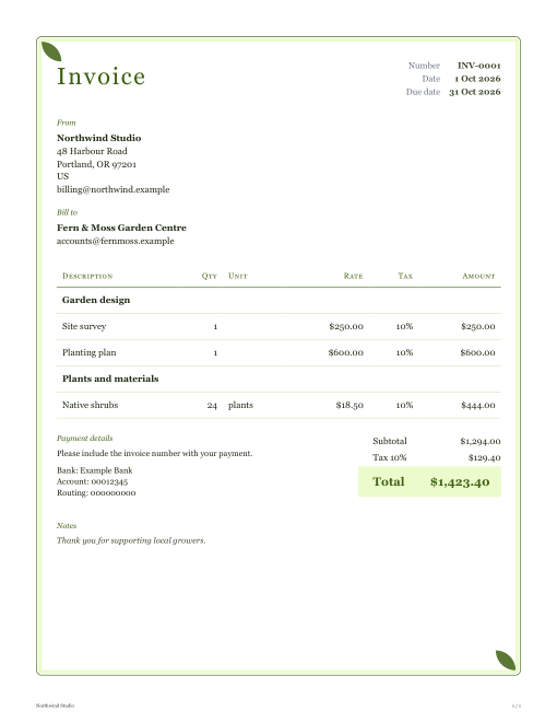 Botanical invoice design